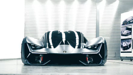 Front view of a silver Lamborghini Terzo Millennio supercar showcased in a bright, modern setting as an HD PC desktop wallpaper and background.