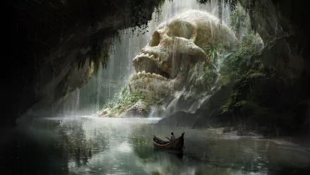 HD wallpaper of a fantasy adventure with a boat floating on a river in a cave, facing a massive waterfall cascading over a skull-shaped rock formation.