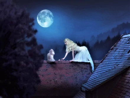 HD PC desktop wallpaper: a blonde woman in a flowing gown kneels on a moonlit roof at night, reaching toward a seated cat beneath a full moon.