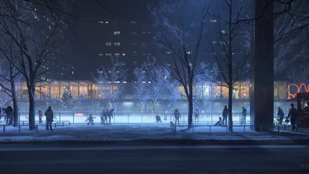 HD desktop wallpaper depicting an animated winter night scene with people skating on an outdoor rink, surrounded by snow-covered trees and illuminated buildings.
