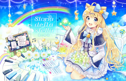 HD PC desktop wallpaper — anime original: a blonde nekomimi girl in a frilly dress sits on a giant piano keyboard beneath a rainbow, surrounded by daisies, stars and pastel magic.