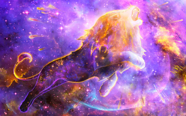 A vibrant HD desktop wallpaper featuring a majestic lion superimposed on a colorful nebula, surrounded by stars and cosmic elements in space, creating a fantasy-like visual experience.