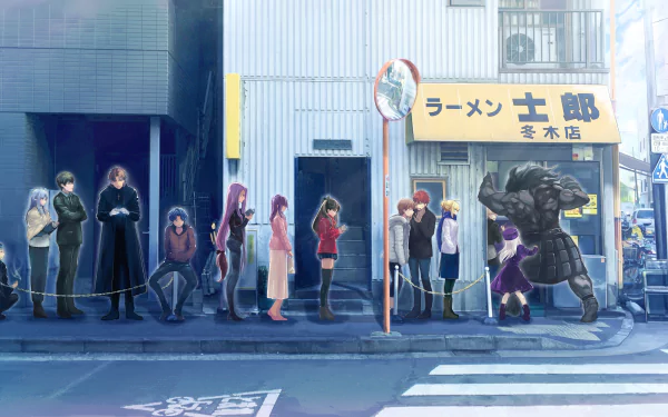 HD desktop wallpaper featuring characters from Fate/Stay Night, including Rin Tohsaka, Saber, Rider, Shinji Matou, Sakura Matou, and others, standing in line outside a ramen shop on an urban street.