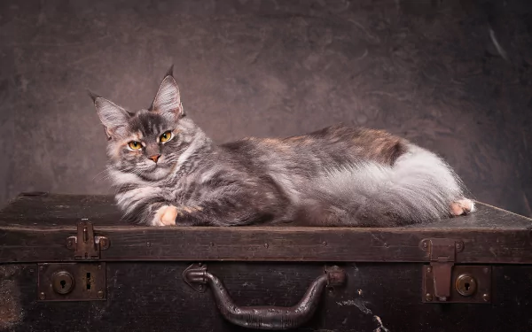 A striking cat with intense eyes stares while lounging on a vintage suitcase, set against a moody backdrop in this HD PC desktop wallpaper.
