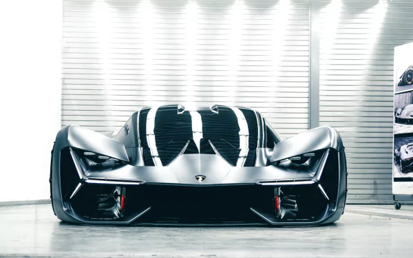 Front view of a silver Lamborghini Terzo Millennio supercar showcased in a bright, modern setting as an HD PC desktop wallpaper and background.