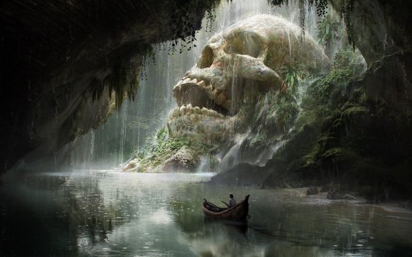 Fantasía Cave Barco Cráneos Cascada Rio Aventura Fondo de pantalla HD | Fondo de Escritorio