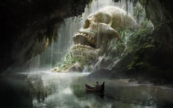 HD wallpaper of a fantasy adventure with a boat floating on a river in a cave, facing a massive waterfall cascading over a skull-shaped rock formation.