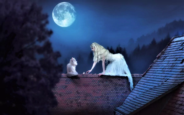 HD PC desktop wallpaper: a blonde woman in a flowing gown kneels on a moonlit roof at night, reaching toward a seated cat beneath a full moon.