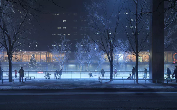HD desktop wallpaper depicting an animated winter night scene with people skating on an outdoor rink, surrounded by snow-covered trees and illuminated buildings.