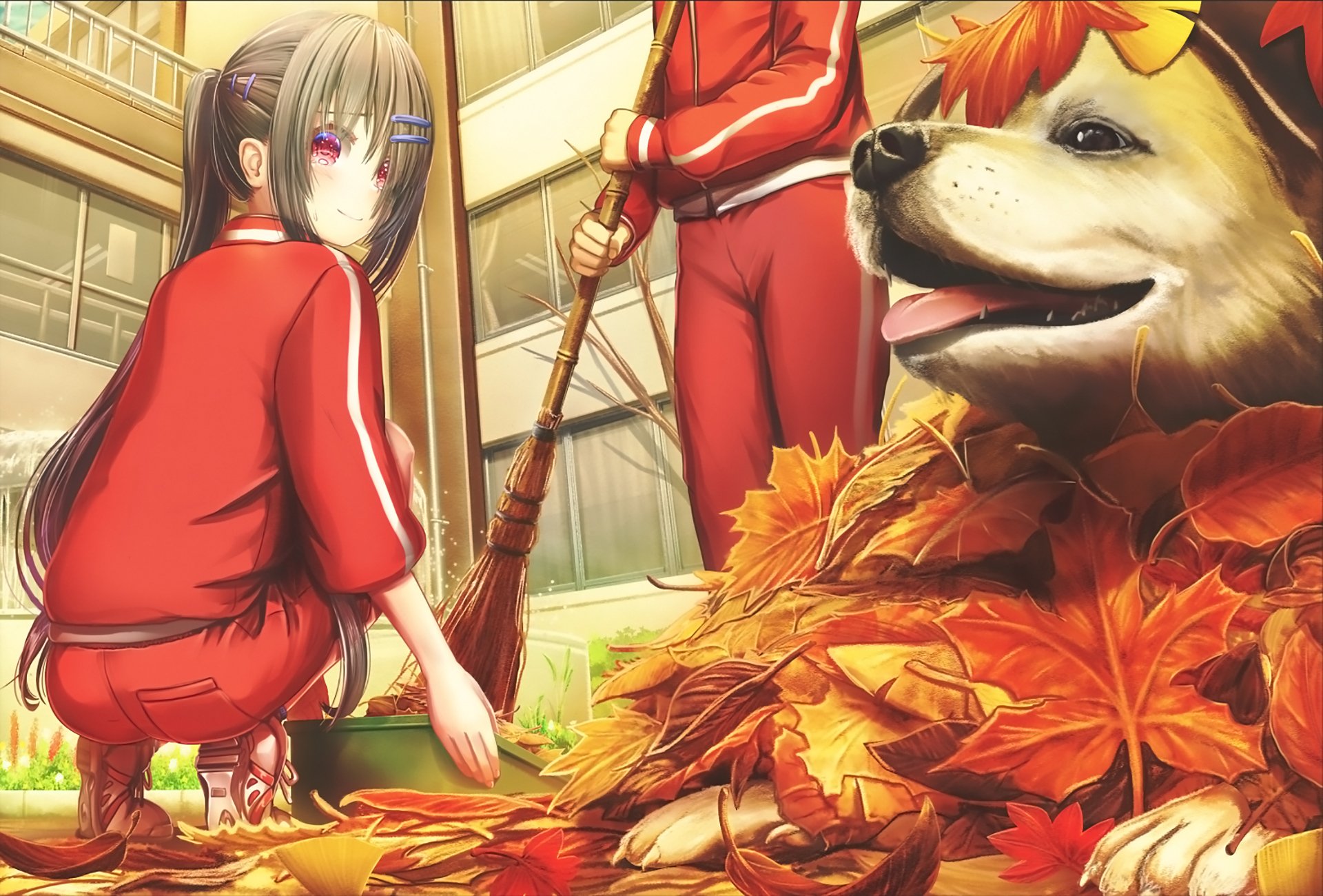An HD anime wallpaper featuring a cute schoolgirl with red eyes cleaning leaves with a broom, accompanied by a dog covered in leaves.