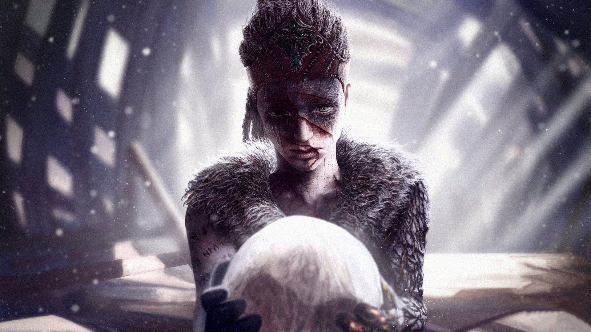 HD PC desktop wallpaper from the video game Hellblade: Senua's Sacrifice, featuring the protagonist holding a glowing, mysterious object in a shadowy, atmospheric setting.