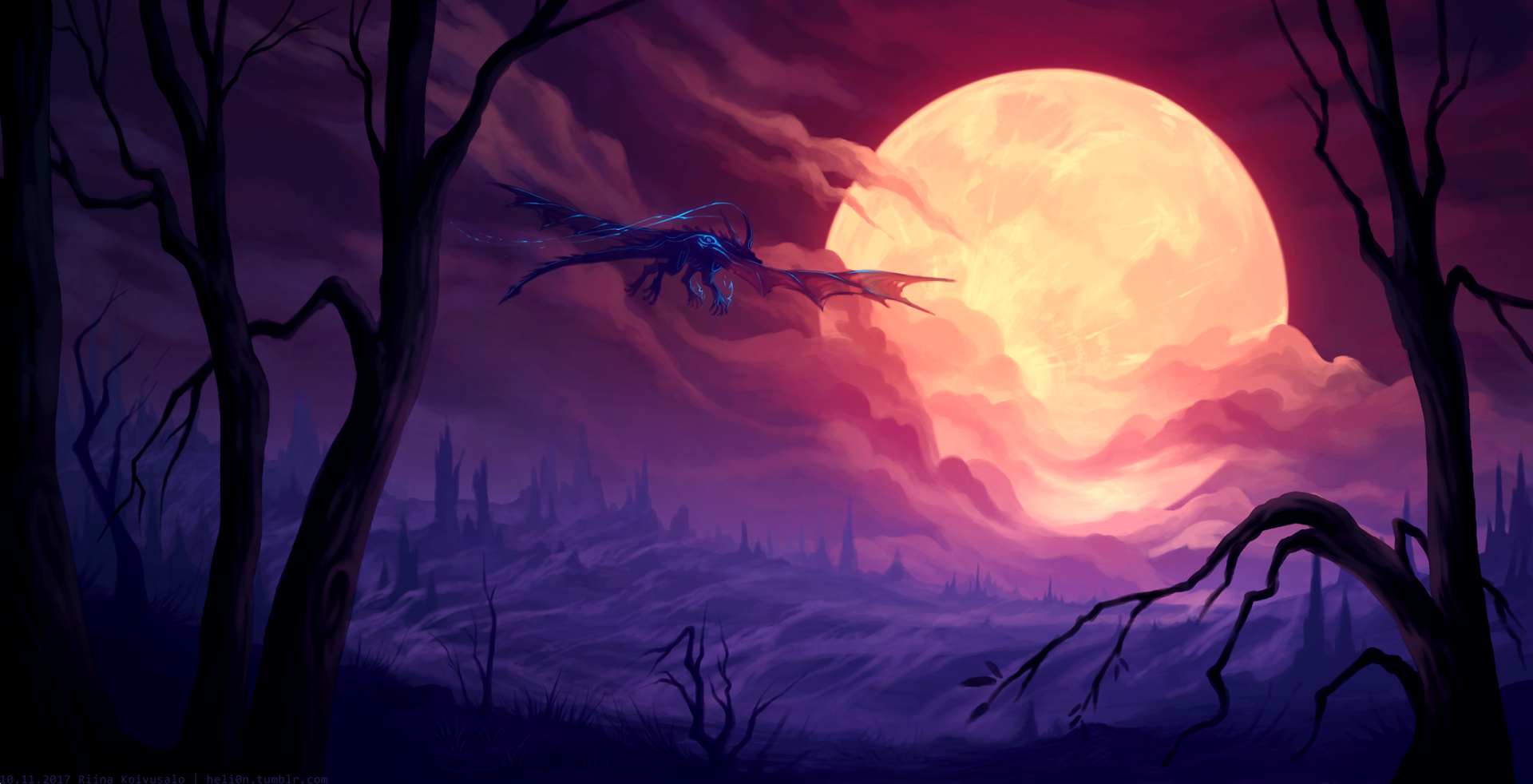 HD desktop wallpaper featuring a fantasy landscape with a dragon flying against a dramatic, cloudy sky illuminated by a large, glowing moon.