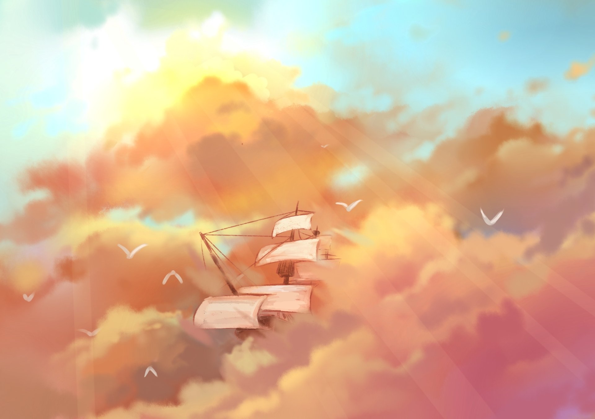 A fantasy HD desktop wallpaper featuring a ship sailing through colorful clouds, illuminated by warm sunbeams against a vibrant sky with flying birds.