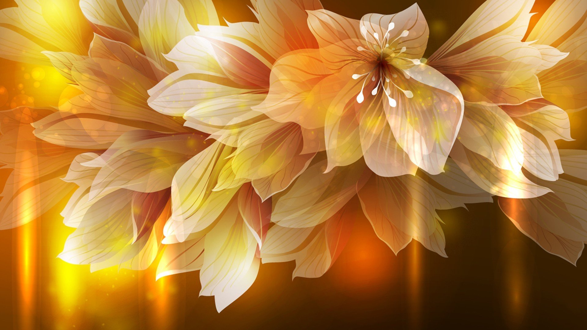 HD desktop wallpaper featuring artistic fall-inspired petals and a softly glowing flower in warm golden hues.