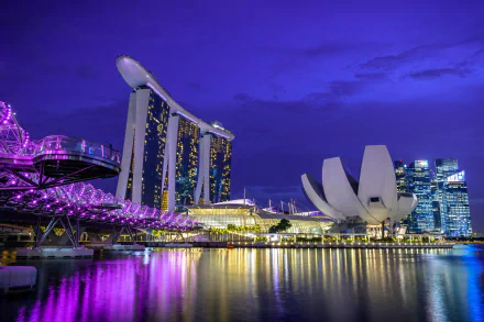 Night view of Singapore's man-made landmarks: Helix Bridge and Marina Bay Sands with ArtScience Museum reflecting on water, vivid purple lights — HD PC desktop wallpaper/background.