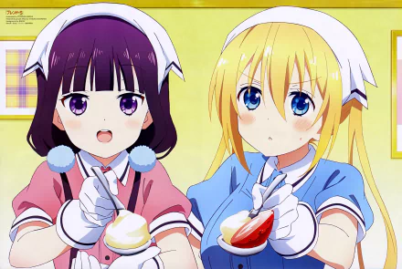 An HD desktop wallpaper featuring Maika Sakuranomiya and Kaho Hinata from the anime Blend S, showcasing the characters in maid uniforms, holding desserts. The background is a soft yellow with framed pictures.