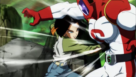 HD anime wallpaper featuring Android 17 from Dragon Ball Super in an intense action scene, displaying dynamic motion and vibrant colors.