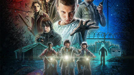 HD PC desktop wallpaper featuring key characters from the TV show Stranger Things in a dark, eerie setting with bikes and mysterious surroundings.