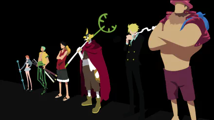 HD desktop wallpaper featuring stylized characters from the anime One Piece, standing in a line against a black background.
