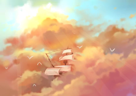 A fantasy HD desktop wallpaper featuring a ship sailing through colorful clouds, illuminated by warm sunbeams against a vibrant sky with flying birds.