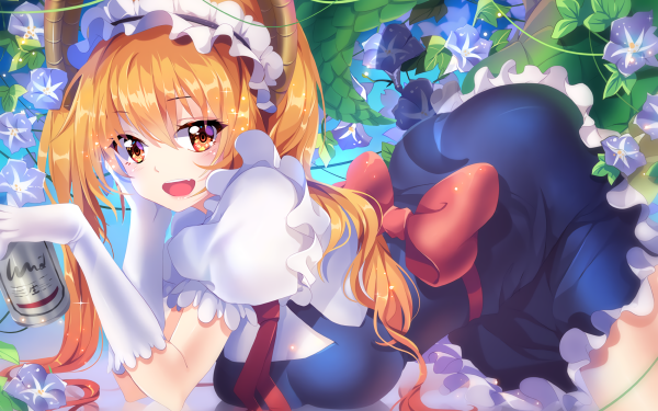 Anime Miss Kobayashi's Dragon Maid Tohru Tail Long Hair Twintails Blonde Maid Beer bow Fangs Blush Headdress Smile Horns Flower Glove HD Wallpaper | Background Image