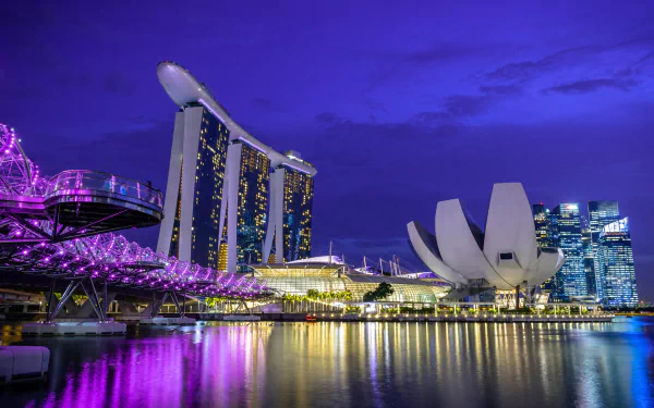 Night view of Singapore's man-made landmarks: Helix Bridge and Marina Bay Sands with ArtScience Museum reflecting on water, vivid purple lights — HD PC desktop wallpaper/background.