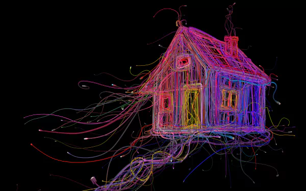 A vibrant, artistic house rendered in colorful swirling lines against a black background, designed as an 8K Ultra HD PC desktop wallpaper.
