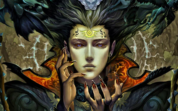 HD fantasy desktop wallpaper depicting a dark, evil demon woman with intricate markings, sharp nails, and a mysterious, intense gaze surrounded by shadowy elements.