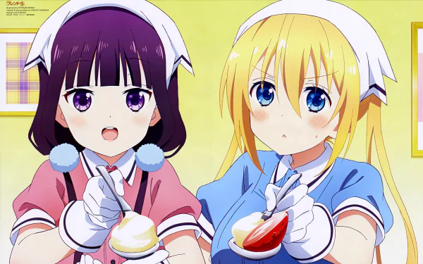 An HD desktop wallpaper featuring Maika Sakuranomiya and Kaho Hinata from the anime Blend S, showcasing the characters in maid uniforms, holding desserts. The background is a soft yellow with framed pictures.