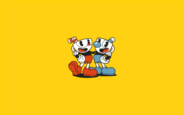 HD desktop wallpaper featuring Cuphead and Mugman from the video game Cuphead, set against a bright yellow background.