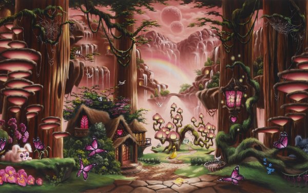 Fantasy Forest Magical Tree Cottage Mushroom Butterfly Flower Waterfall HD Wallpaper | Background Image