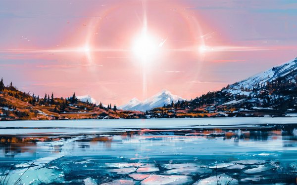 Fantasía Paisaje Snow Lago Sunshine Sol Montaña Fondo de pantalla HD | Fondo de Escritorio