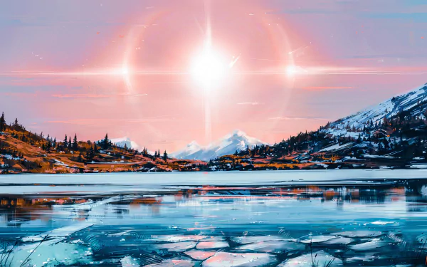 HD fantasy landscape wallpaper featuring a snowy mountain, a serene lake, and a radiant sun shining brightly, illuminating the scene with a sense of magic and wonder.