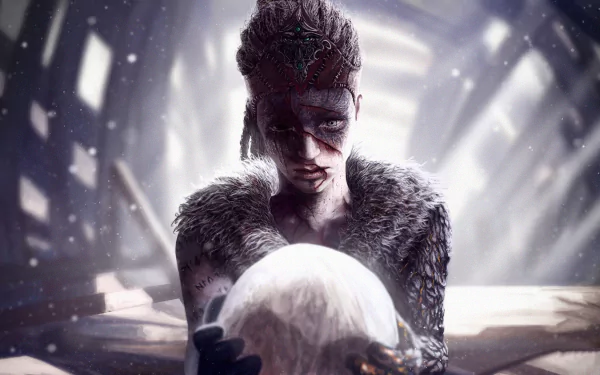 HD PC desktop wallpaper from the video game Hellblade: Senua's Sacrifice, featuring the protagonist holding a glowing, mysterious object in a shadowy, atmospheric setting.
