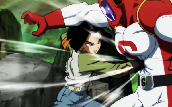 HD anime wallpaper featuring Android 17 from Dragon Ball Super in an intense action scene, displaying dynamic motion and vibrant colors.