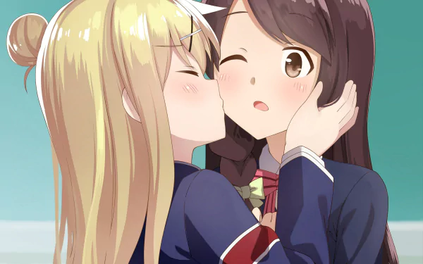HD anime wallpaper featuring Karen Kujō and Honoka Matsubara from KINMOZA! sharing a tender yuri moment with soft blushes and affectionate expressions.