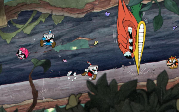 HD desktop wallpaper featuring Cuphead and Mugman from the video game Cuphead, depicted running through an action-packed level while being chased by a large, menacing bird.