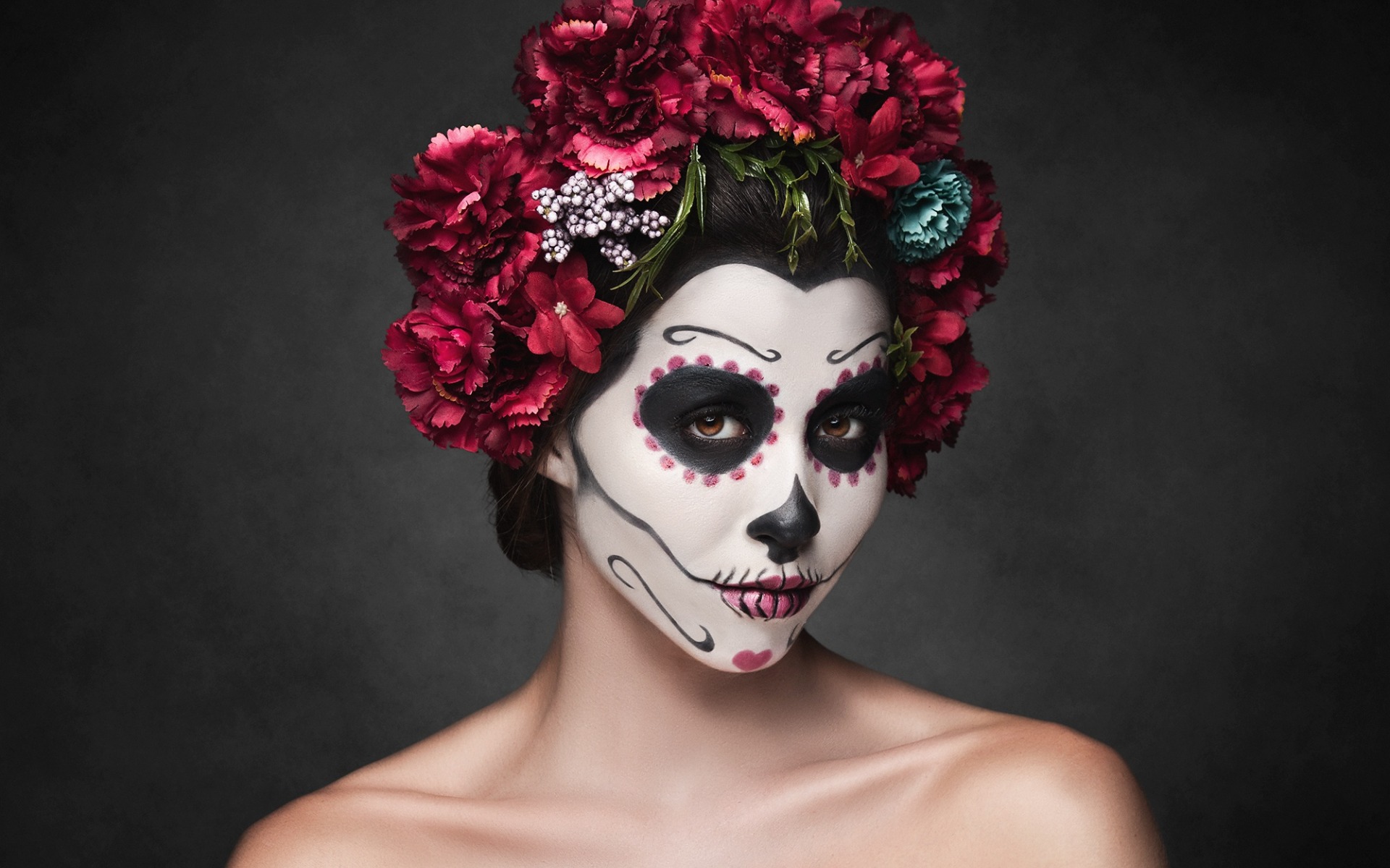 Download Brown Eyes Makeup Flower Wreath Face Artistic Sugar Skull HD ...