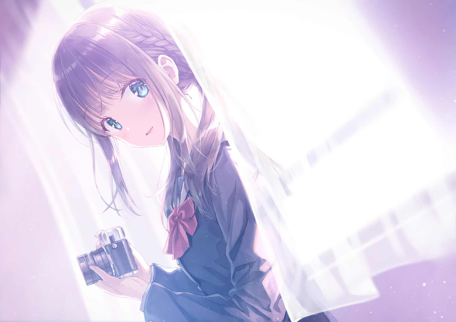 An anime girl with blue eyes holds a camera beside fluttering curtains, set as an HD desktop wallpaper and background.