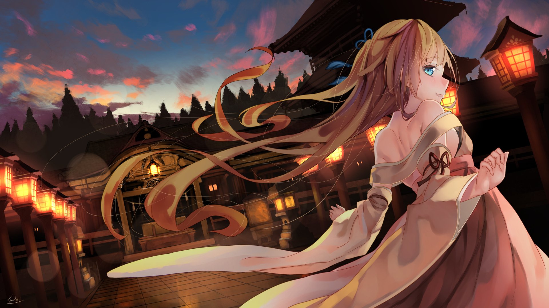 HD anime wallpaper featuring an original character with flowing hair and traditional attire, standing against a serene evening backdrop with lanterns and wooden structures.