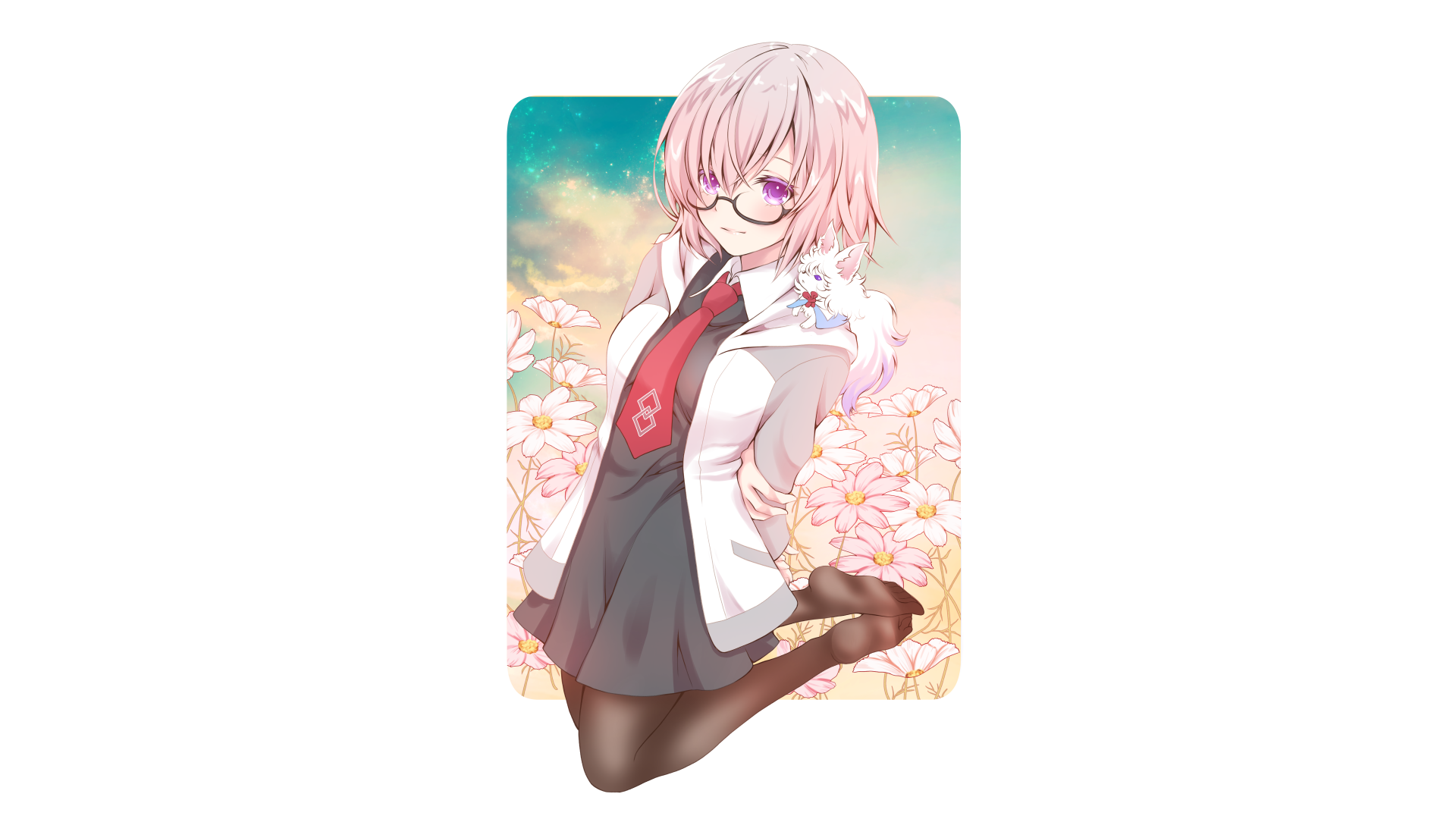 HD PC desktop wallpaper of Mashu Kyrielight from the anime Fate/Grand Order, featuring her in a school uniform with a floral background and soft pastel colors.
