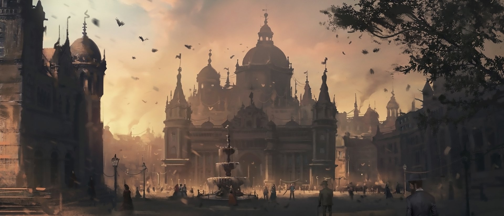 HD PC desktop wallpaper of a fantasy city at dusk: grand domed buildings and spires, a fountain-filled plaza with silhouetted people and birds against a golden sky.
