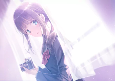 An anime girl with blue eyes holds a camera beside fluttering curtains, set as an HD desktop wallpaper and background.