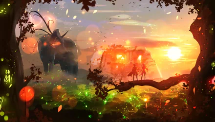 HD anime-style wallpaper depicting a fantasy forest scene with a glowing sunset, ethereal creatures, and magical trees.