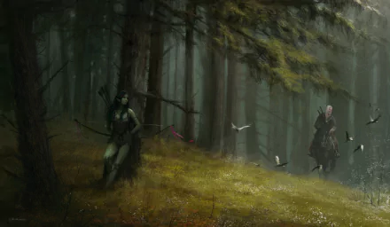An HD wallpaper featuring a woman warrior with a bow and an elf in a forest, from the video game The Witcher, with Geralt of Rivia in the background.