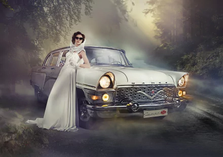 A fashionable woman in a white gown poses confidently beside a vintage car on a misty road, capturing a stylish blend of elegance and classic automotive design for an HD desktop wallpaper.