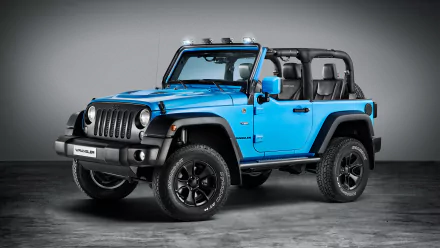 A vibrant blue Jeep Wrangler Rubicon with an open roof displayed against a dark gradient background in a 4K Ultra HD PC desktop wallpaper.