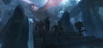 HD fantasy desktop wallpaper featuring a warrior confronting a dragon amid ancient ruins in a dark, mystical setting.