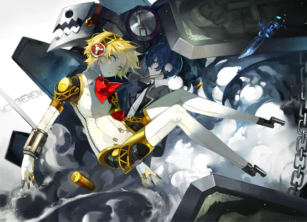 HD PC desktop wallpaper featuring Aigis and Thanatos from the video game Persona 3 in a dynamic, stylized composition with mechanical and smoky elements.