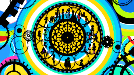4K Ultra HD PC desktop wallpaper featuring vibrant, circular gear and clockwork designs with silhouetted characters from the video game Persona Q: Shadow of the Labyrinth.